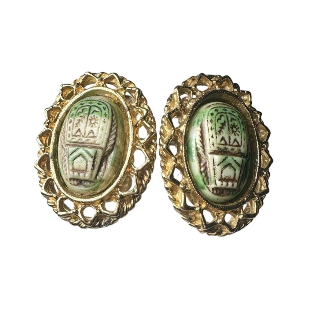 Vintage Egyptian Revival scarab clip-ons with green faience cabochons earrings